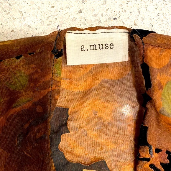 A.MUSE Semi-Sheer Chiffon Velvet Burnout Open-Front Kimono Jacket Brown Floral - Picture 6 of 6